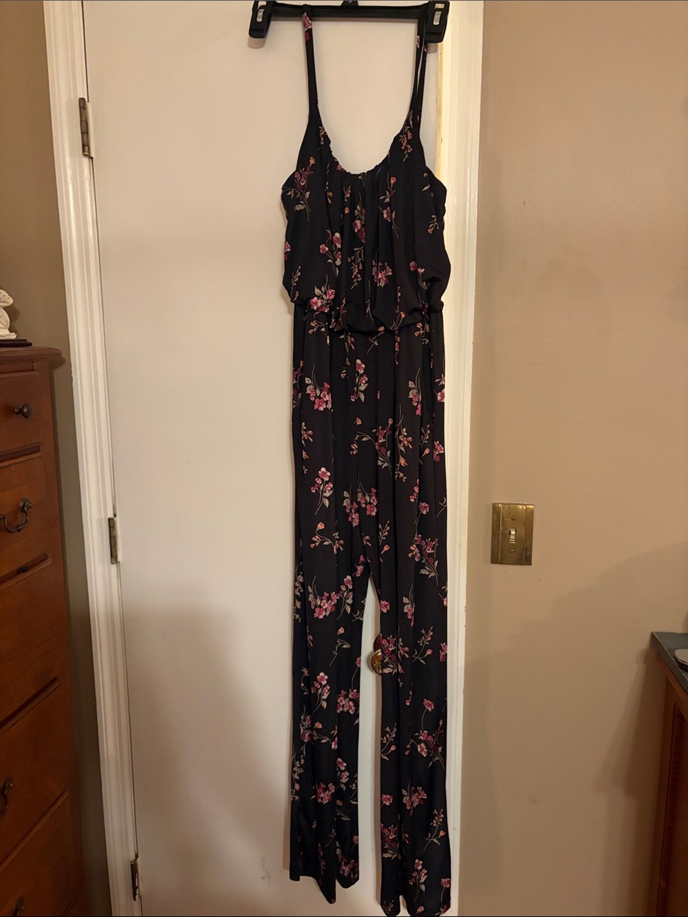 Kaileigh Black Floral Spaghetti-Strap Jumpsuit